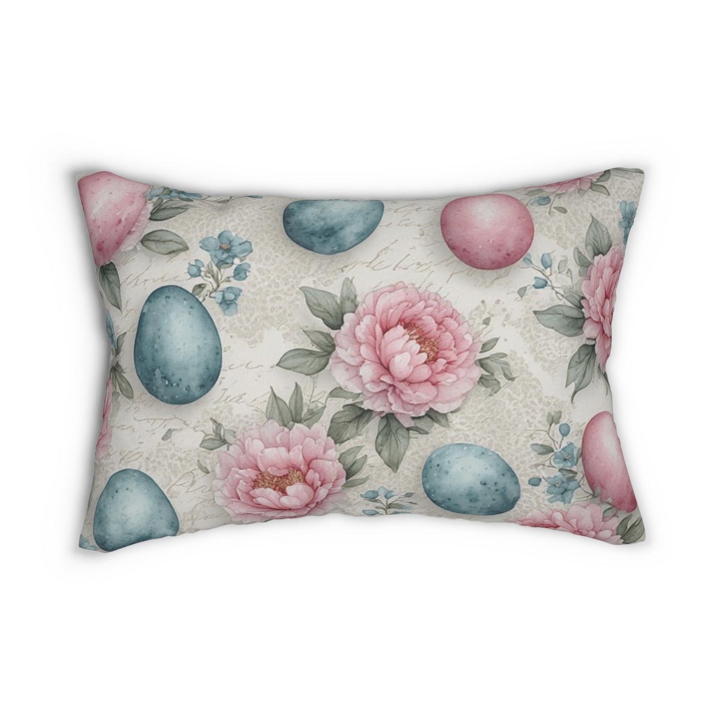 Pink Peonies Easter Eggs Lumbar Pillow | Spring Floral Cushion Holiday Decor Pastel