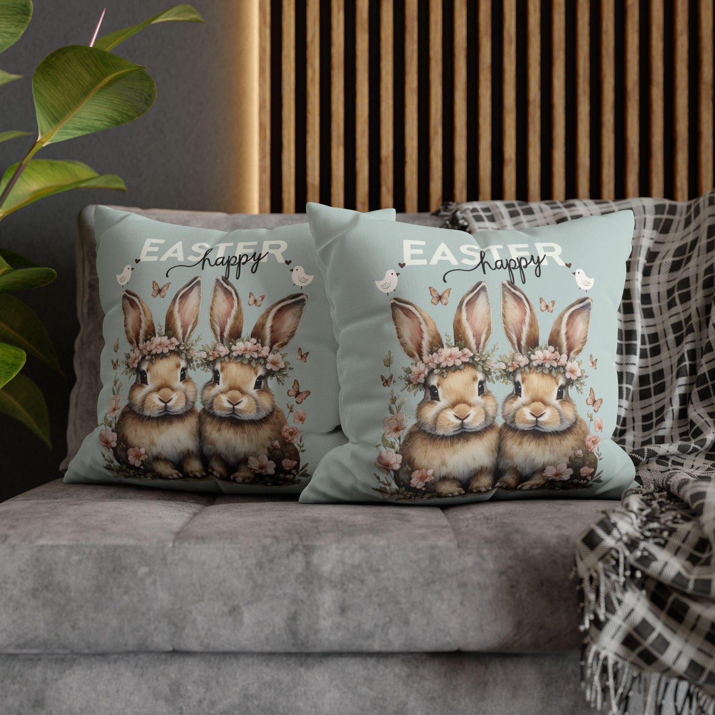 Happy Easter Bunnies Faux Suede Pillowcase - Spring Holiday Home Decor Throw Cushion