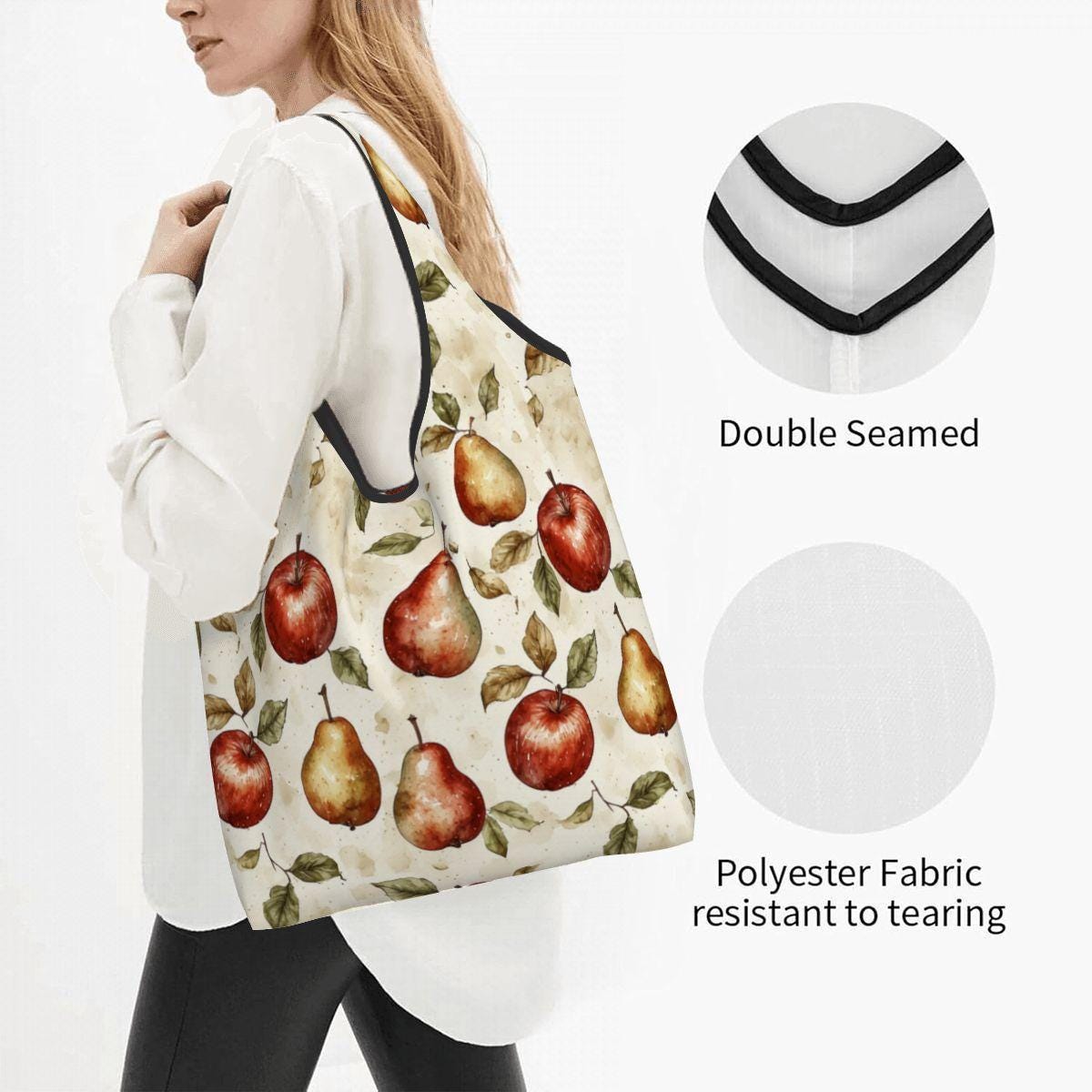 Fruit Pattern Folding Reusable Grocery Bags - Apples Pears Shopping Tote Eco-Friendly Market Bag