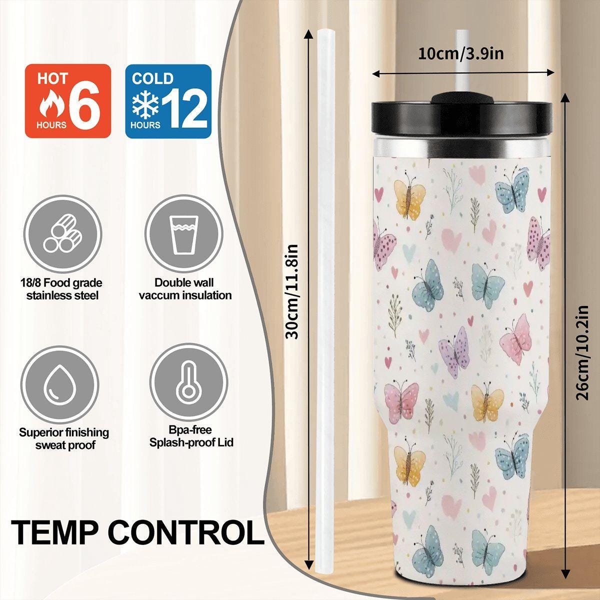 Butterfly 40oz Tumbler with Handle and Straw - Large Insulated Water Bottle Travel Cup