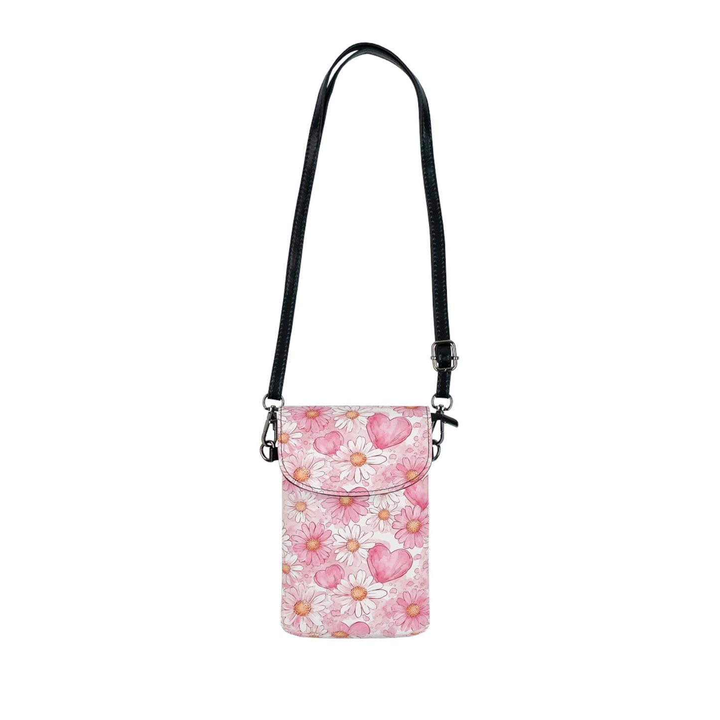 Pink Daisy Hearts Floral Crossbody Phone Wallet Pouch - Leather Cell Bag