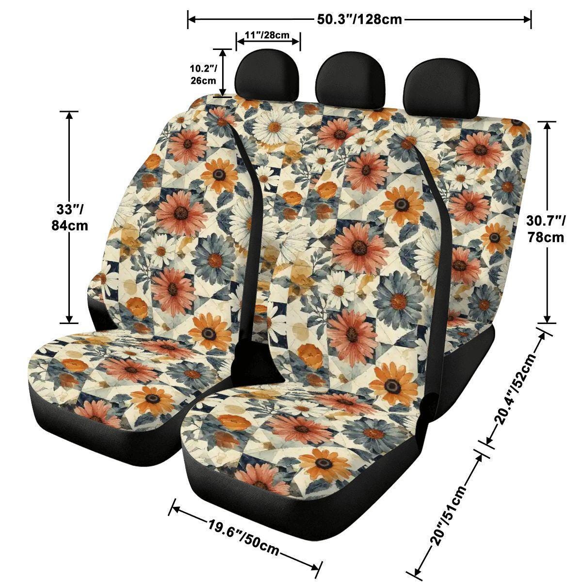 Floral Car Seat Covers Complete Set - Front Rear Bucket Console Protection Universal Fit