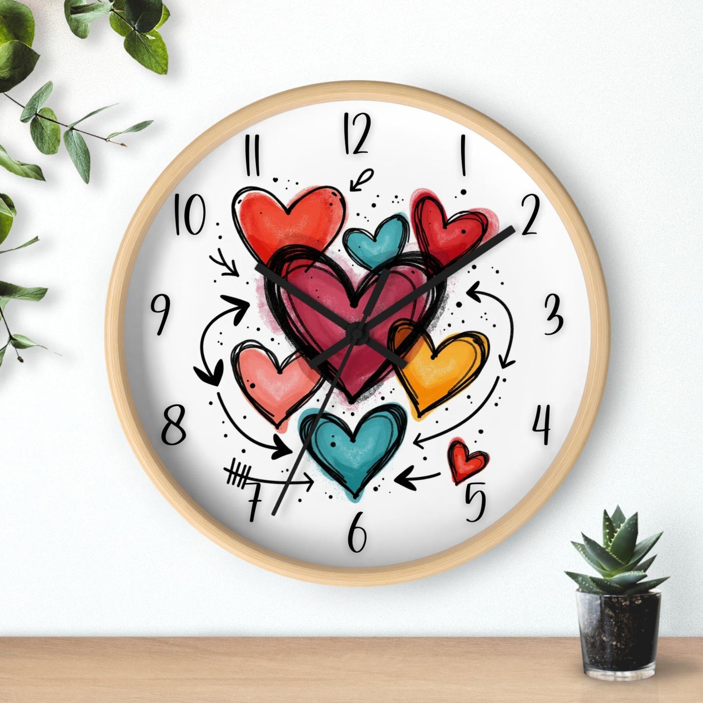 Colorful Hand-Drawn Heart Cluster Wall Clock | Whimsical Timepiece | Romantic Home Decor
