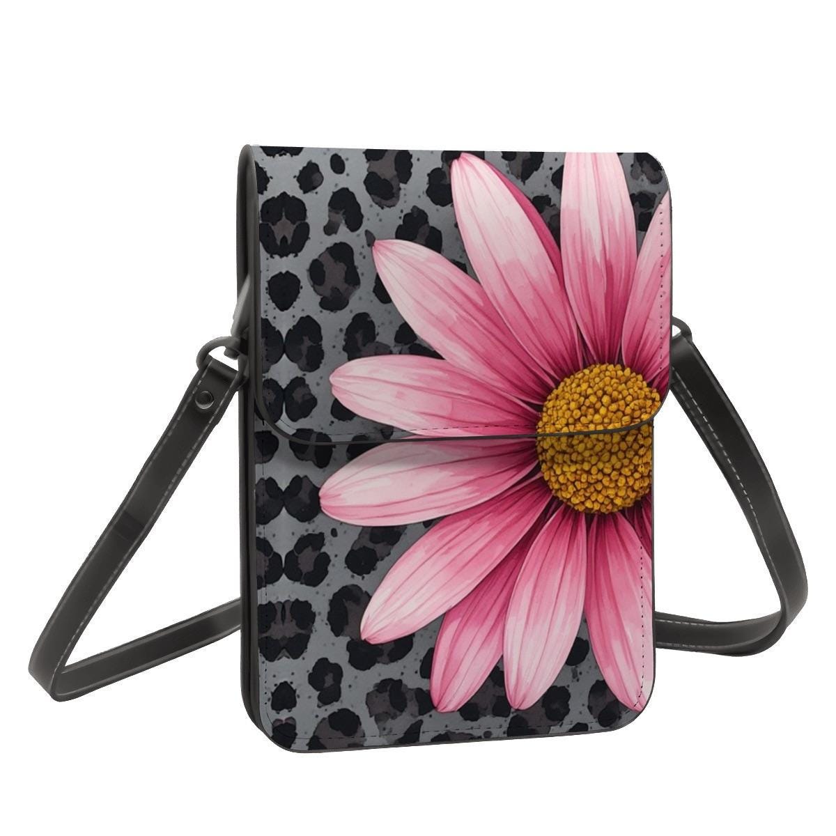 Pink Daisy Leather Cell Phone Crossbody Purse with Shoulder Strap - Small Floral Mobile Bag