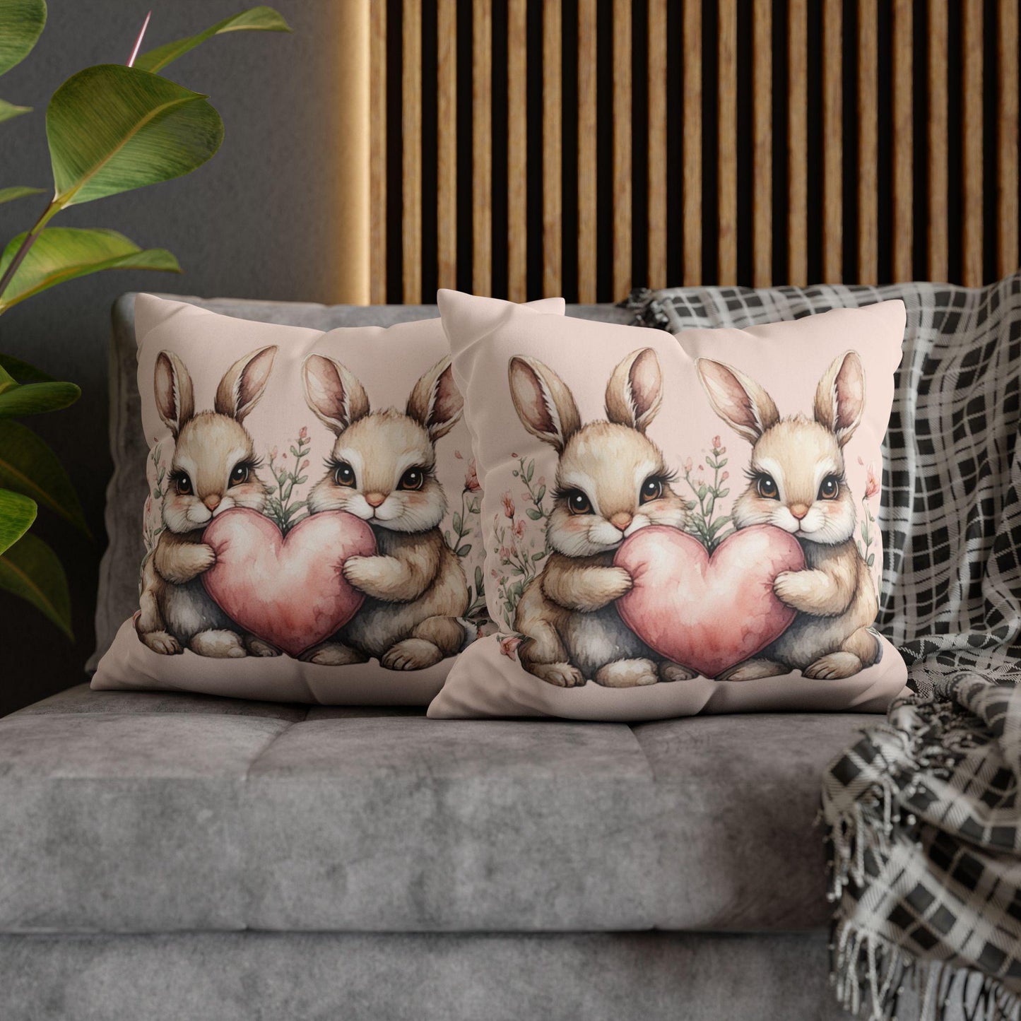 Easter Bunny Heart Faux Suede Square Pillowcase - Spring Holiday Decor Throw Pillow Cover