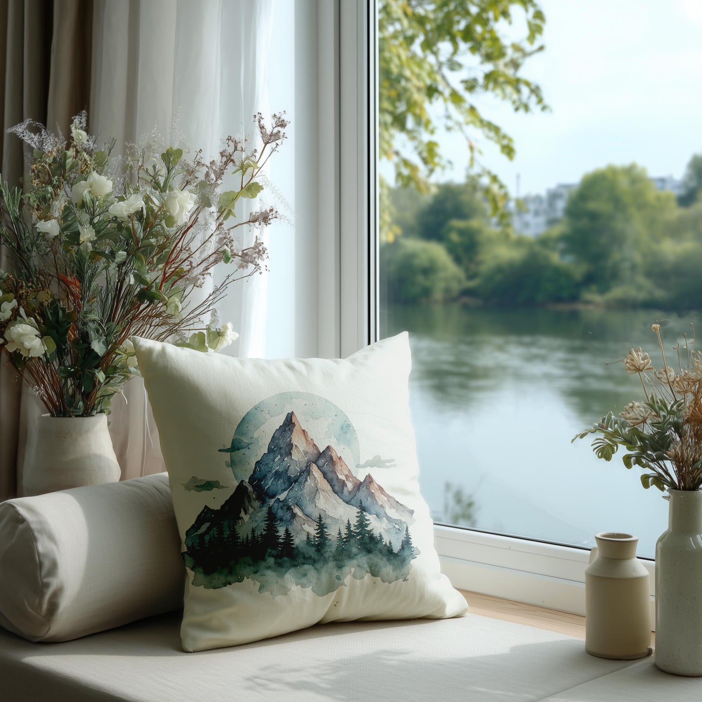 Watercolor Mountain Landscape Faux Suede Square Pillowcase | Rustic Home Decor Throw Pillow Cover
