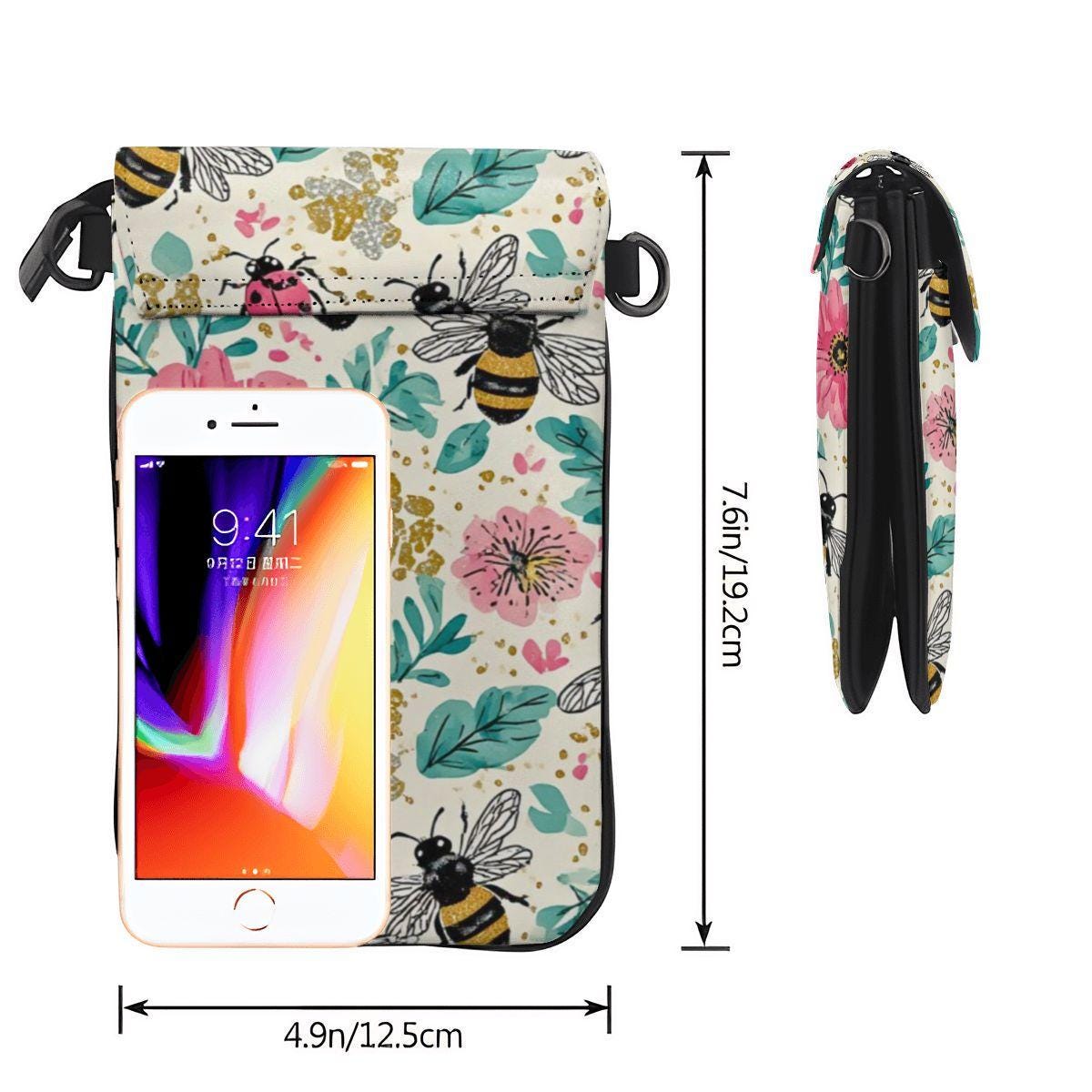 Floral Bee Crossbody Cell Phone Purse – Women's Small PU Leather Handbag