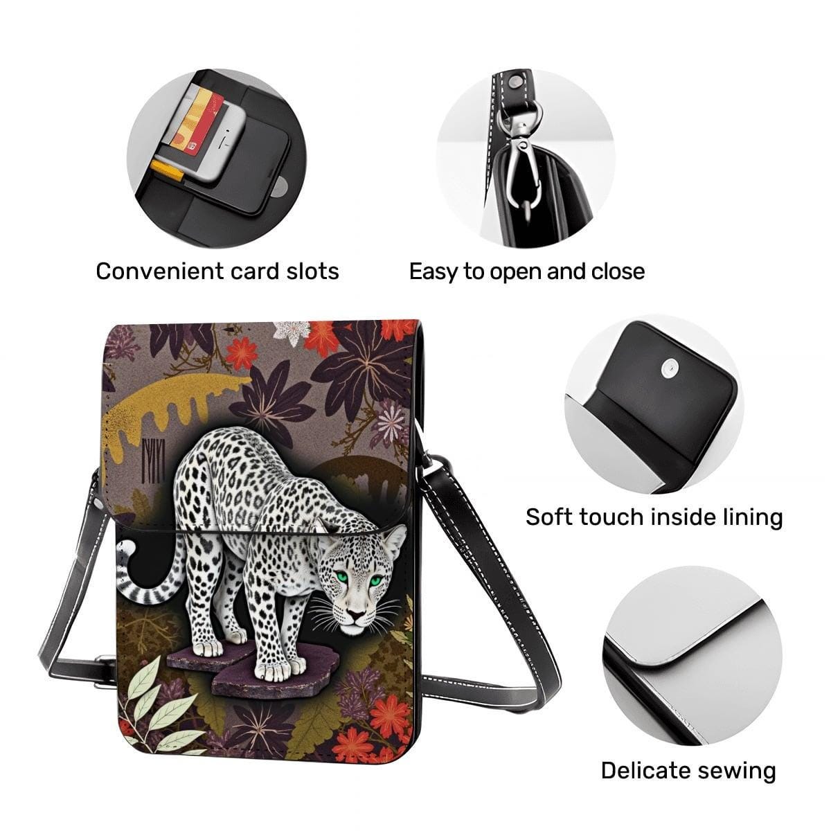 White Leopard Leather Cell Phone Crossbody Purse with Adjustable Shoulder Strap
