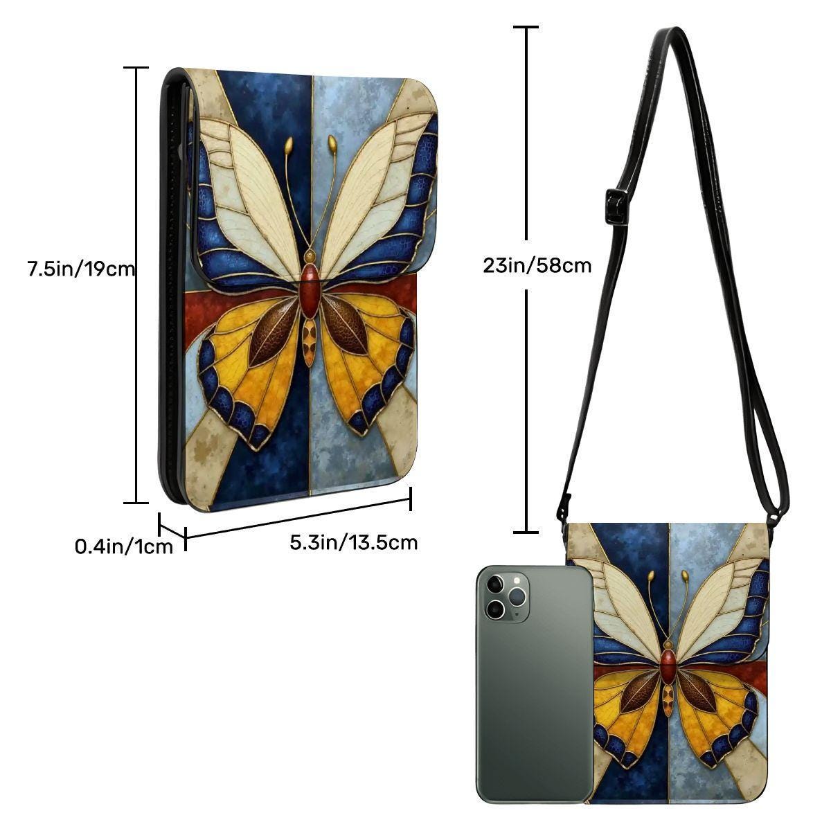 Blue Butterfly Leather Cell Phone Purse with Adjustable Strap (5.3" x 7.5")