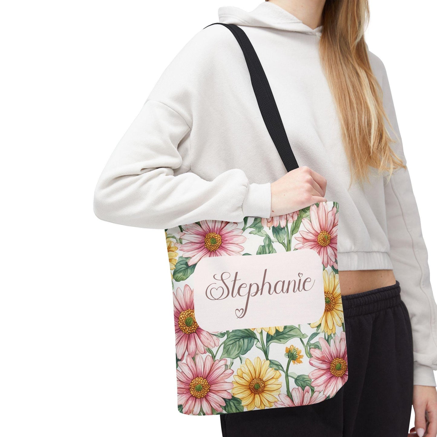 Custom Daisy Floral All-Over Print Personalized Name Tote Bag Summer Beach Bridesmaid Gift
