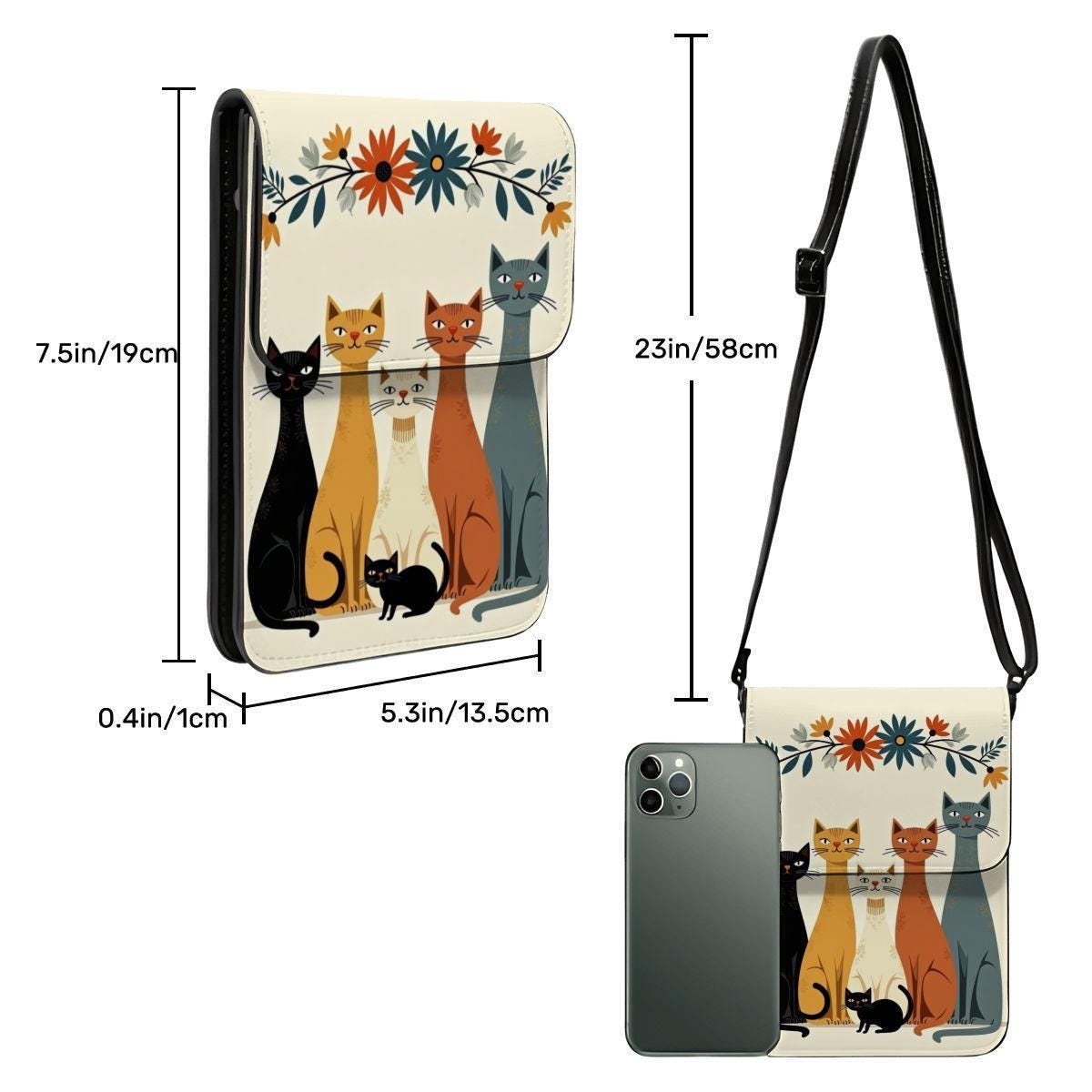 Retro Cat Leather Cell Phone Purse with Shoulder Strap - Vintage Crossbody Bag for Women