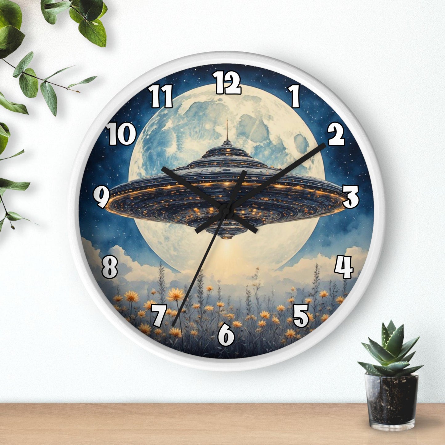 UFO Over Moon Wall Clock - Sci Fi Spaceship Moonlight Timepiece Alien Home Decor