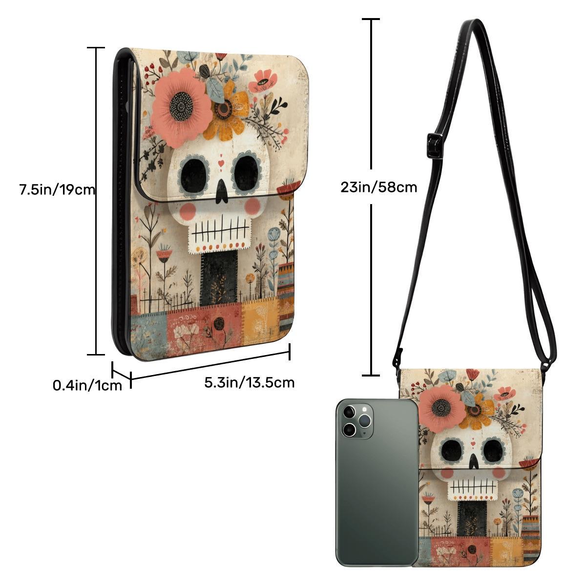 Sugar Skull Leather Cell Phone Crossbody Purse with Adjustable Shoulder Strap
