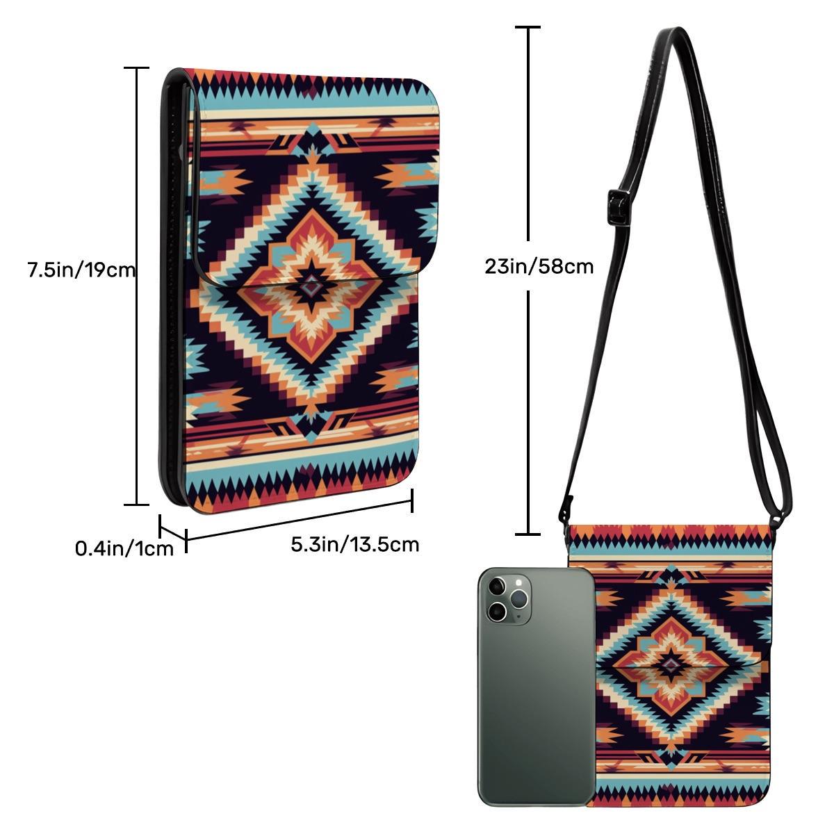 Aztec Leather Cell Phone Crossbody Purse with Adjustable Shoulder Strap - Boho Bag for Women