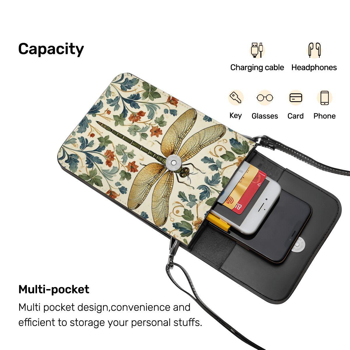 Dragonfly Leather Cell Phone Crossbody Purse with Adjustable Shoulder Strap - Small Clutch Bag