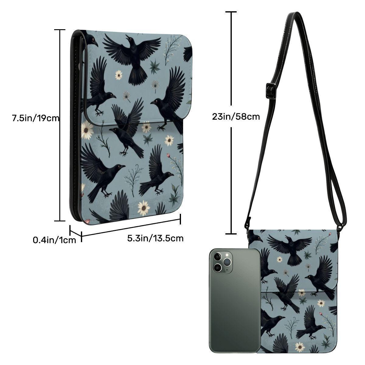 Crow Leather Cell Phone Purse: Gothic Black Bird Shoulder Strap Pouch
