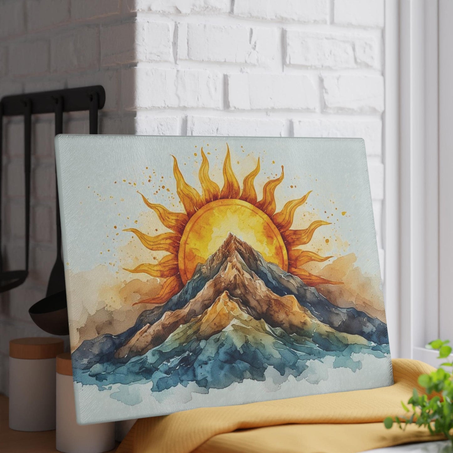 Sunrise Mountain Watercolor Glass Cutting Board Kitchen Decor Rustic Cheese Serving Farmhouse Gift