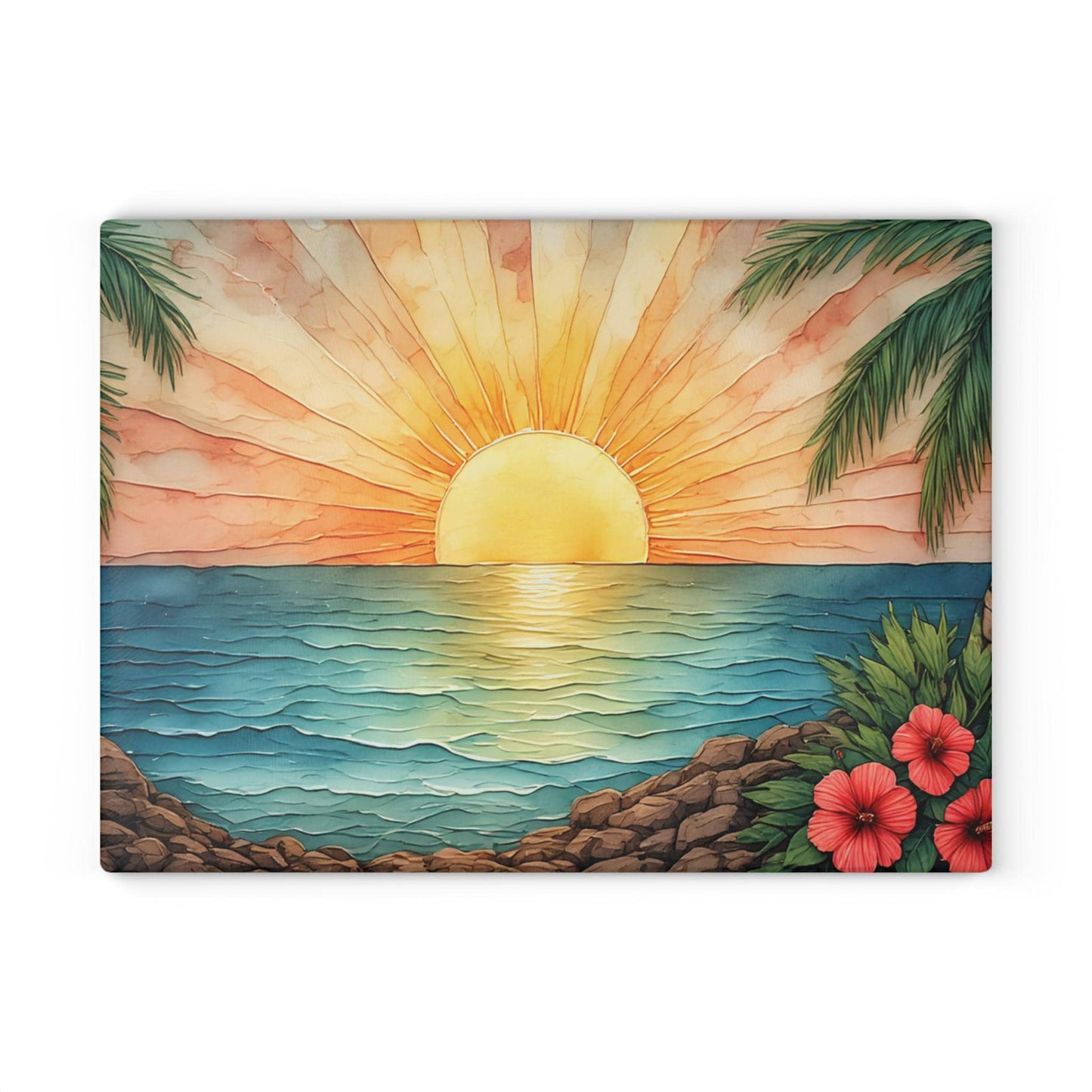 Tropical Sunset Hibiscus Glass Cutting Board | Beach Ocean Sunrise