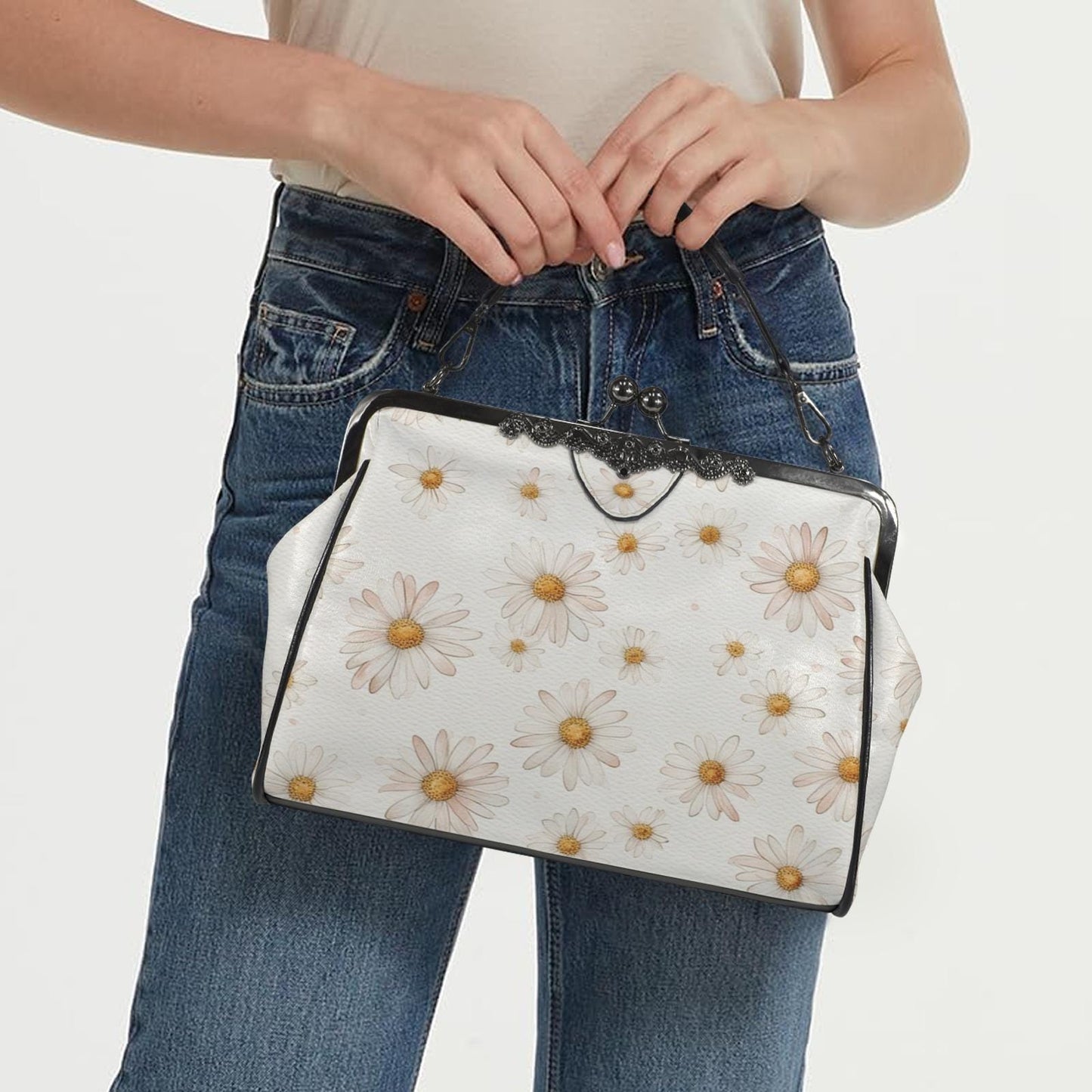 Vintage Daisy Floral Kiss Lock Crossbody Shoulder Handbag with Chain Strap