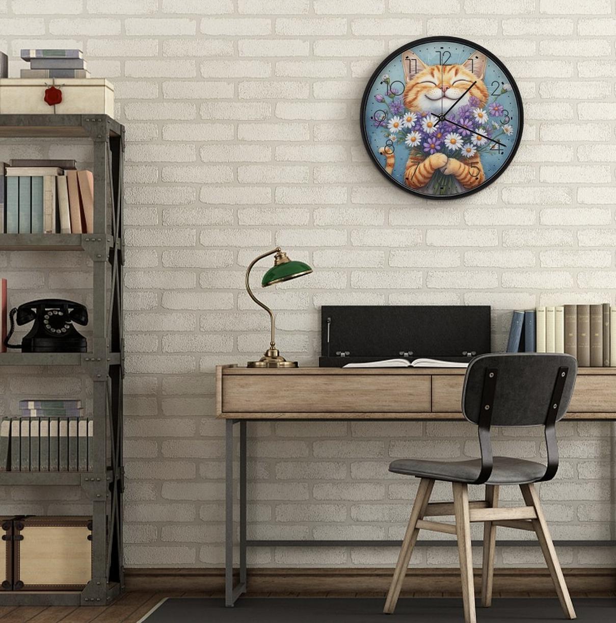 Happy Cat Wall Clock, Whimsical Animal Decor, PC Tempered Glass Art