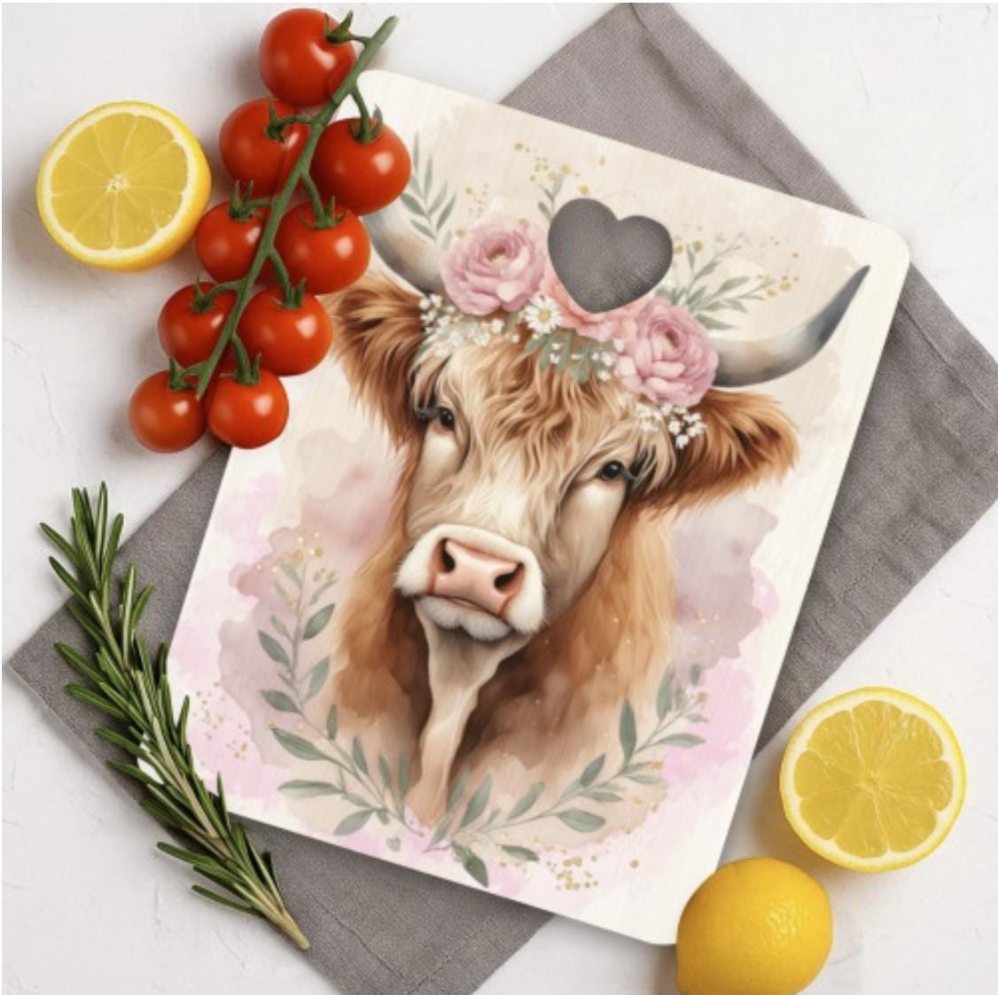 Highland Cow Cutting Board, Heart-Shaped Cutout, Rustic Kitchen Decor, Farmhouse Style