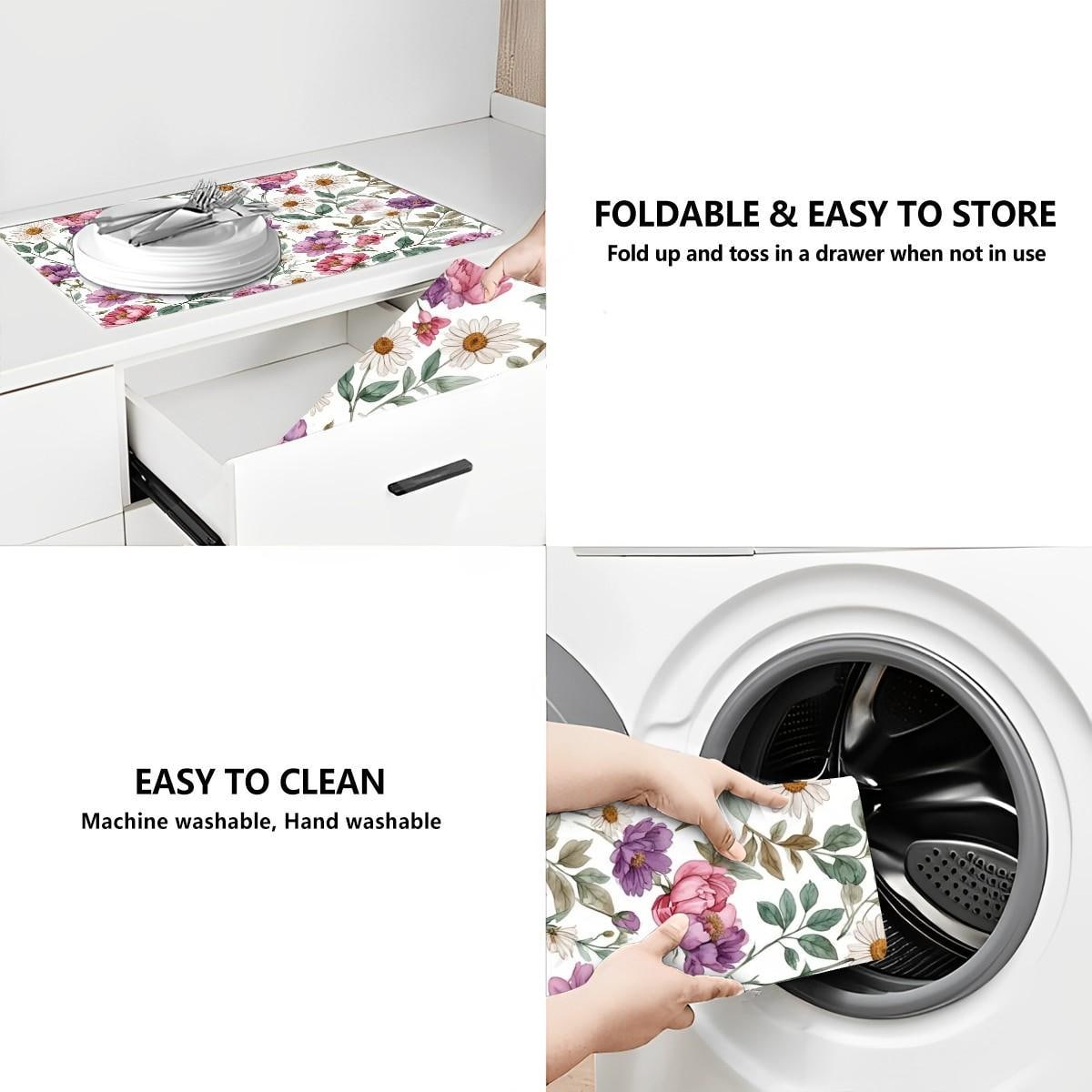 Spring Floral Dish Drying Mat, Large Microfiber Kitchen Absorbent Pad (24 x 18 Inches)