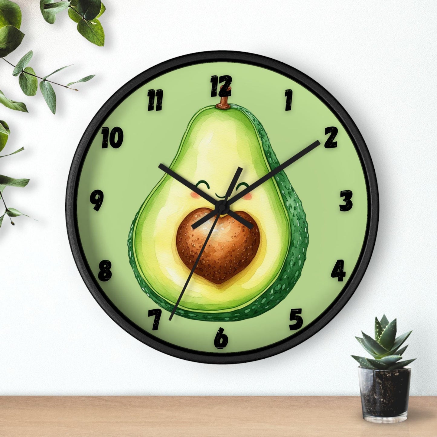 Smiling Avocado Heart Wall Clock | Whimsical Kitchen Decor, 10 Inch Wood Frame