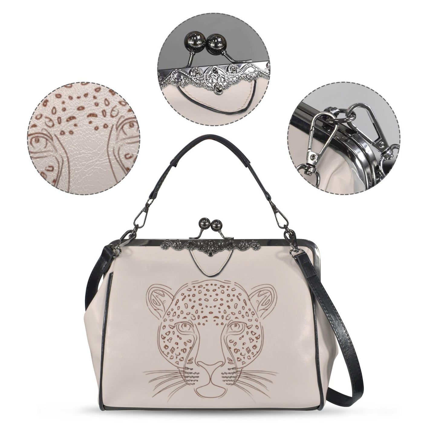 Cheetah Face Kiss Lock Crossbody Purse, Shoulder Bag with Leopard Print, Stylish Faux Leather