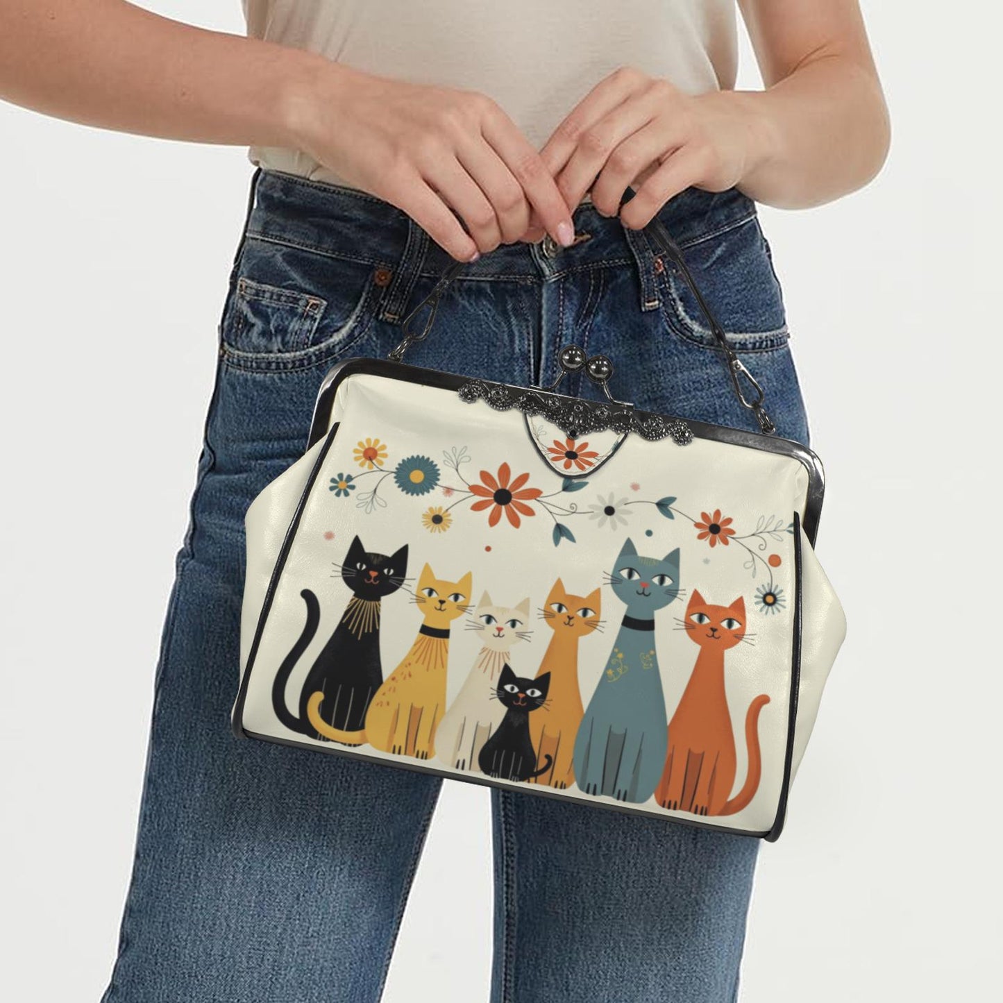 Retro Cat Group Kiss Lock Crossbody Shoulder Purse Waxed PU Leather Bag