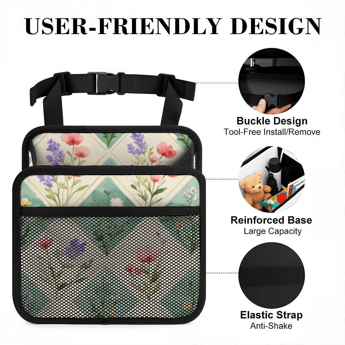 Floral Car Seat Organizer - Backseat Storage Caddy for Travel Accessories and Essentials