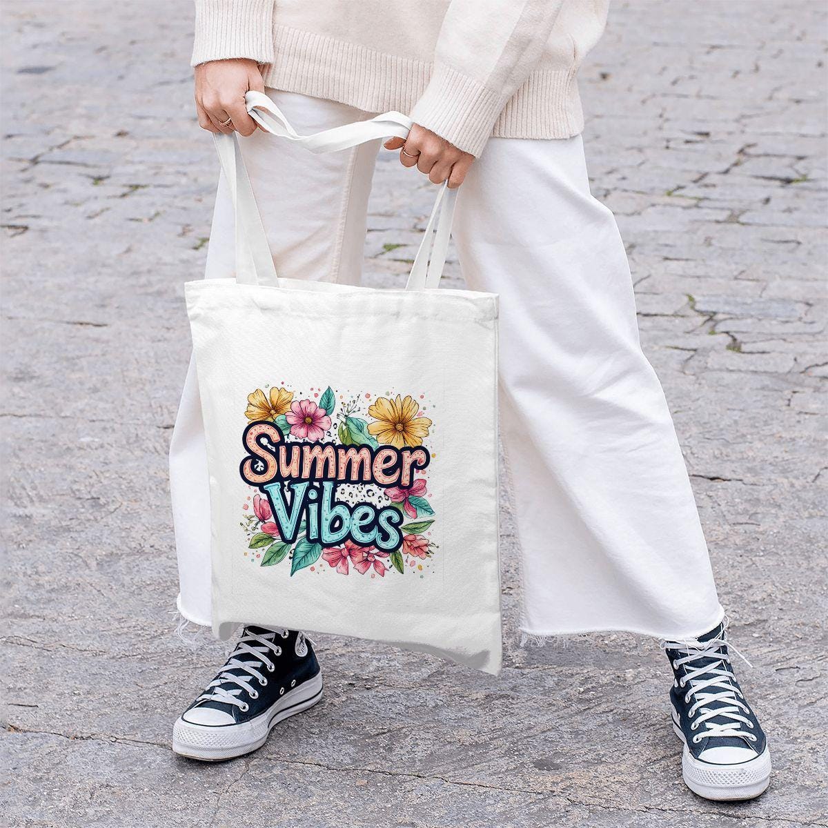 Summer Vibes Reusable Canvas Tote Bag - Eco Friendly Beach Shopping Carry All