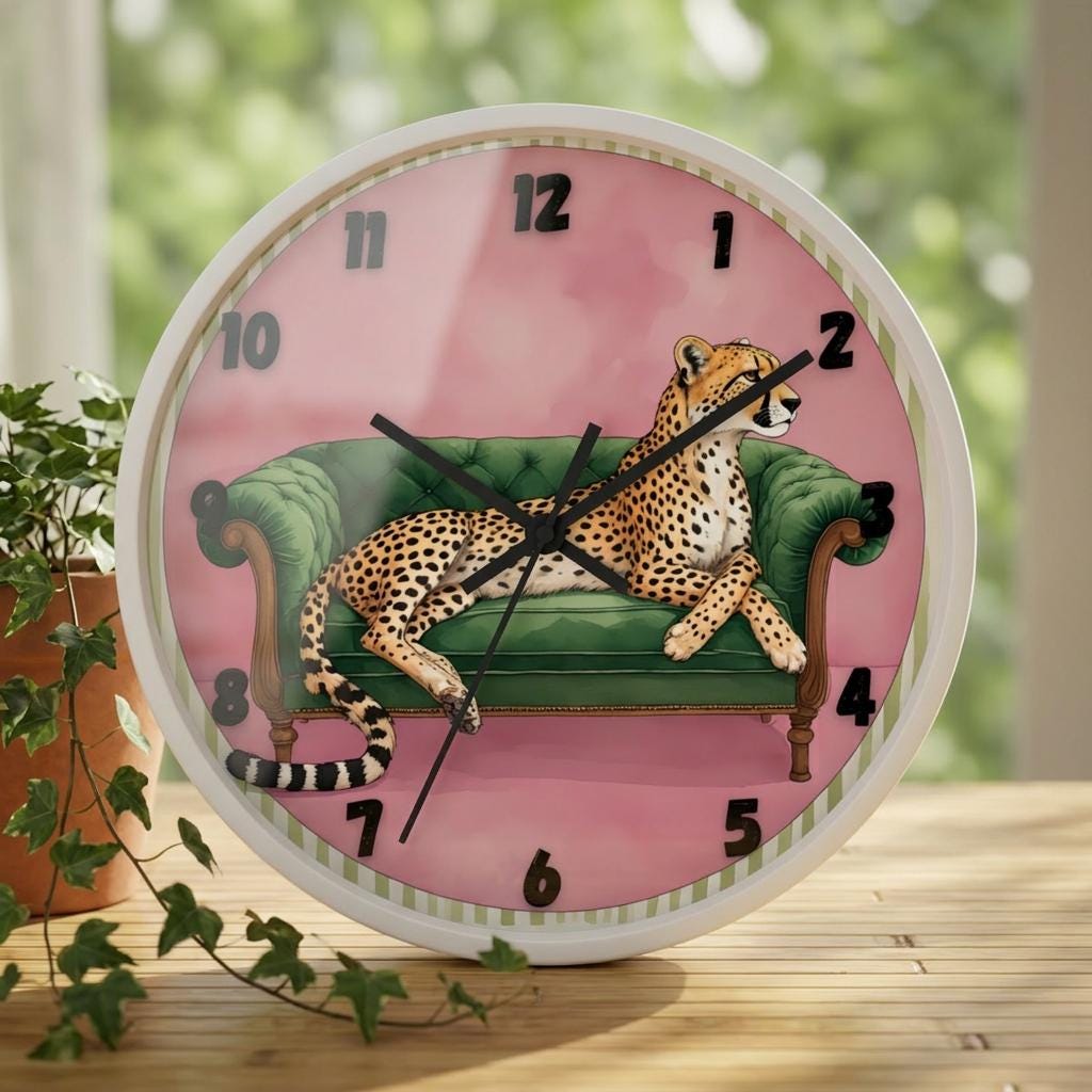 Cheetah Green Sofa Wall Clock Pink Background Animal Home Decor Art Wildlife Living Room