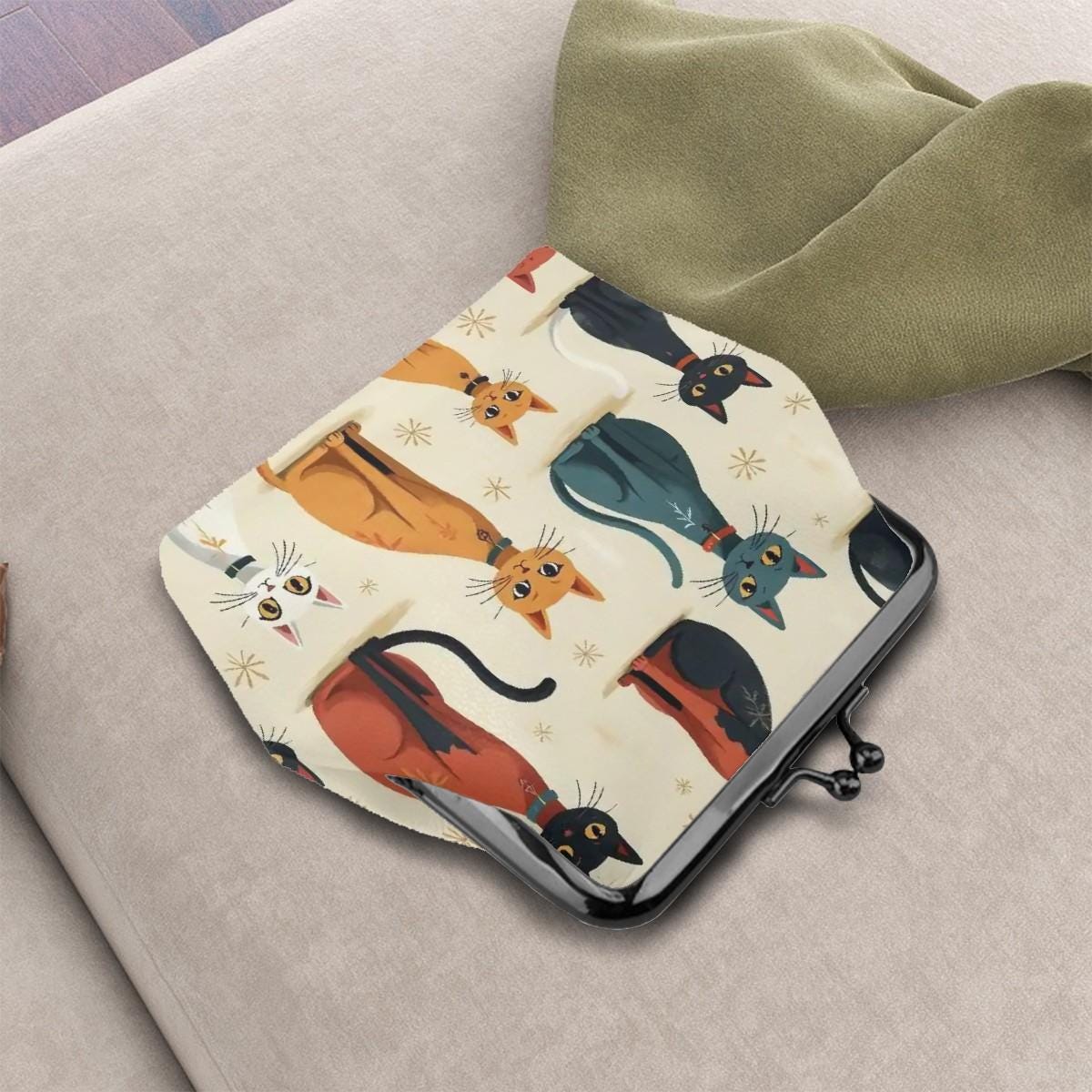 Retro Cat Women's Leather Kiss Lock Coin Purse Vintage Small Wallet