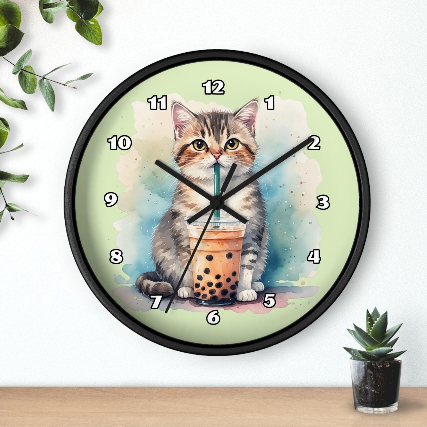 Bubble Tea Kitten Wall Clock | Playful Cat Boba Drink Illustration