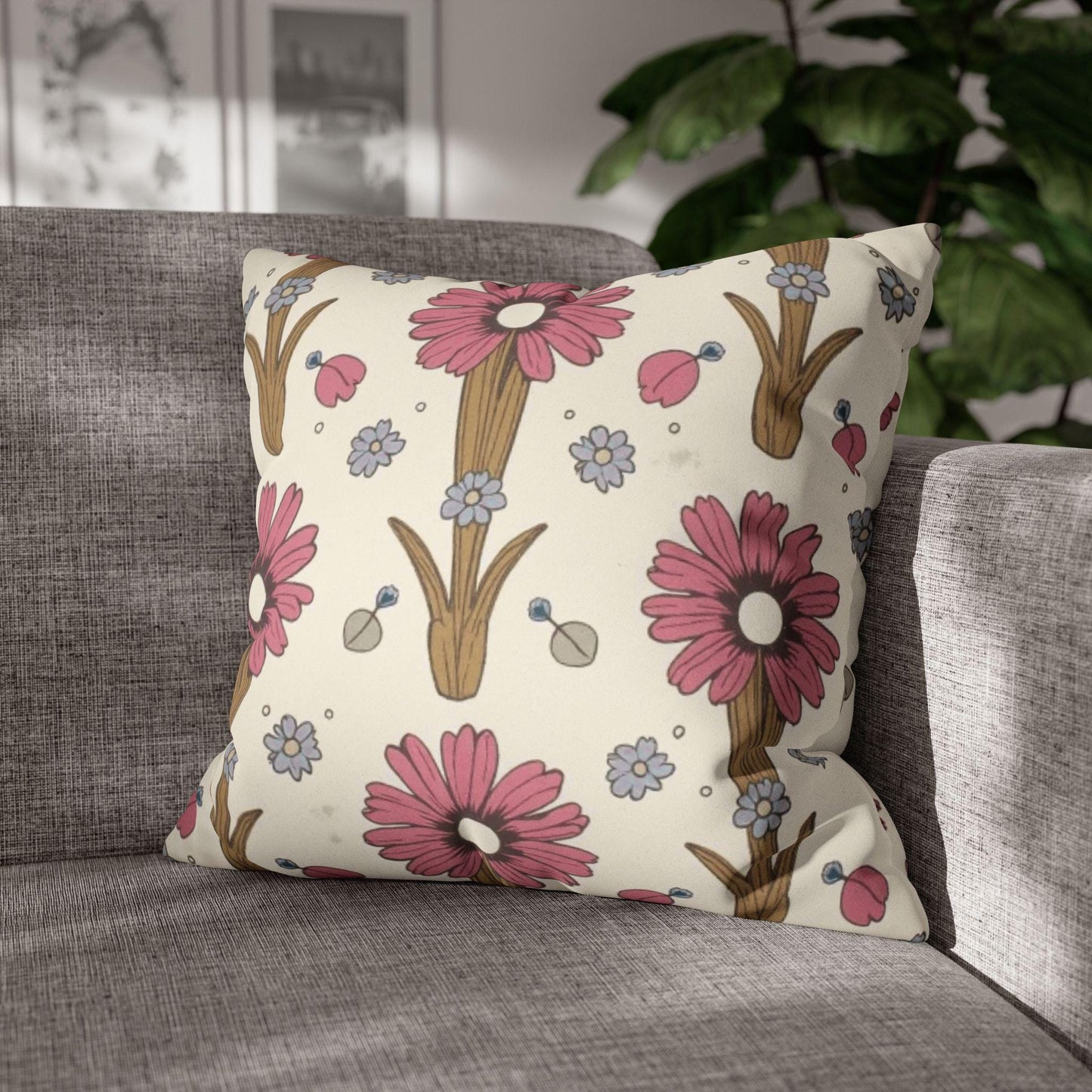 Pink Daisy Floral Faux Suede Square Pillowcase