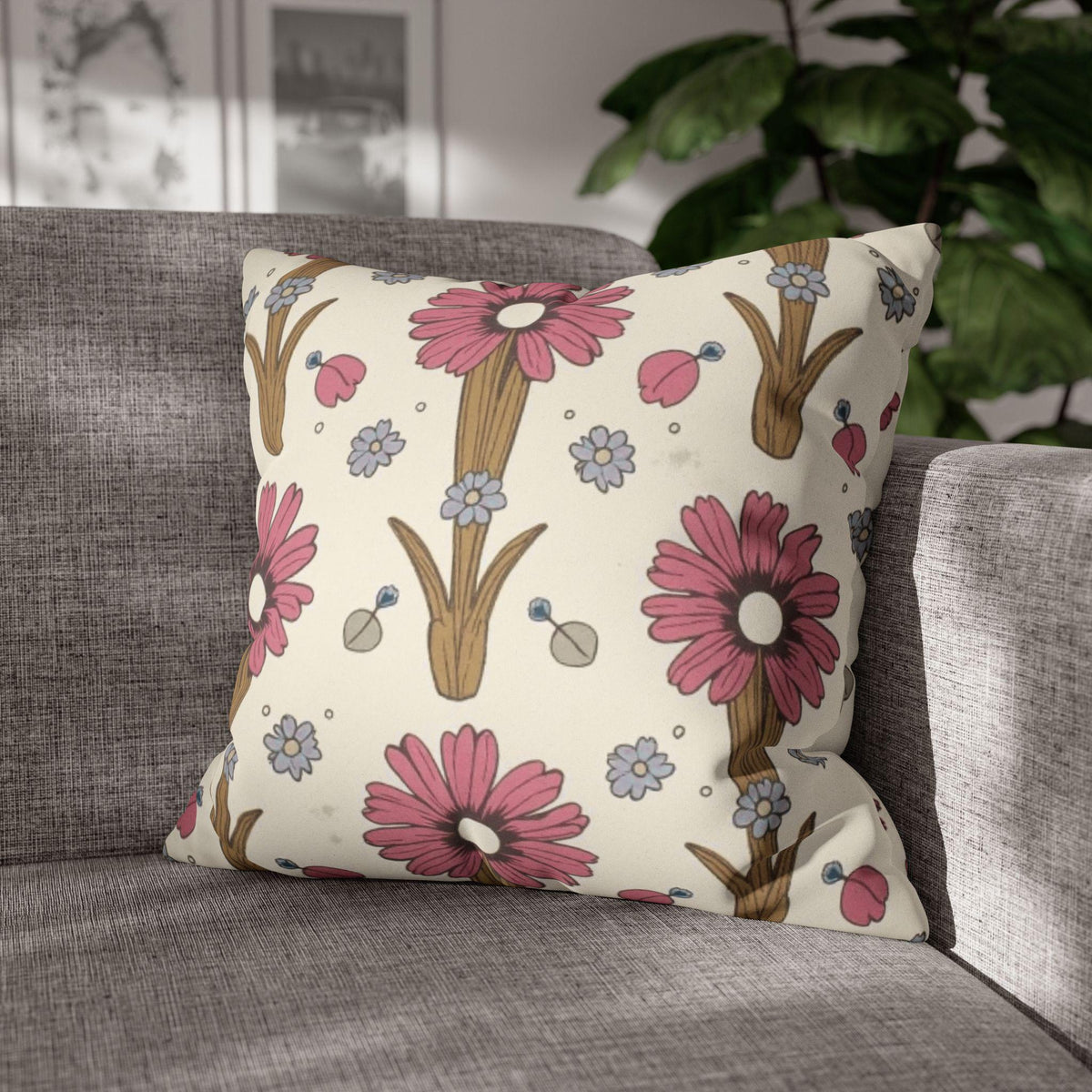Pink Daisy Floral Faux Suede Square Pillowcase