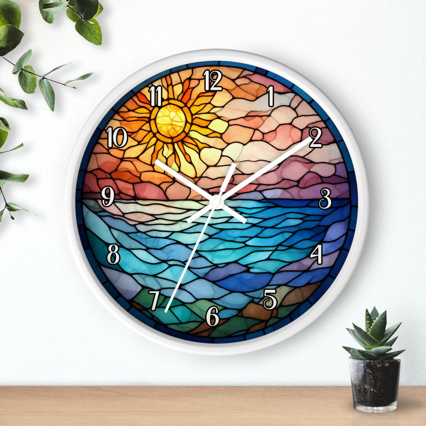 Stained Glass Sunrise Wall Clock | Ocean Waves Sun Mosaic