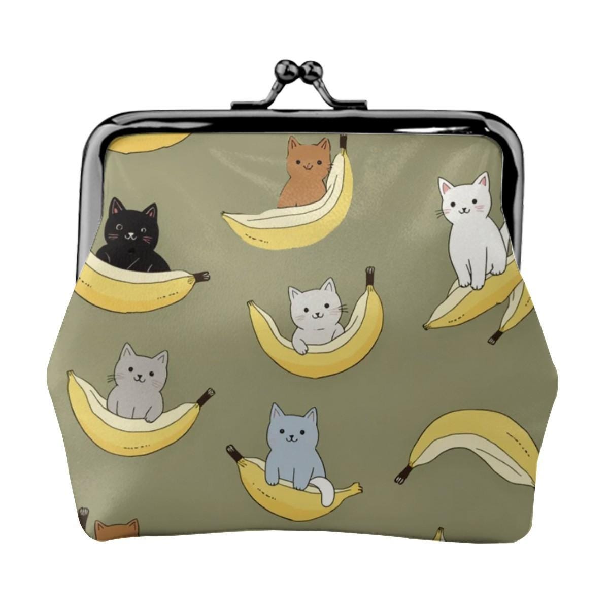 Banana Cats Faux Leather Kiss Lock Coin Purse - Green Kitty Change Wallet Small Pouch
