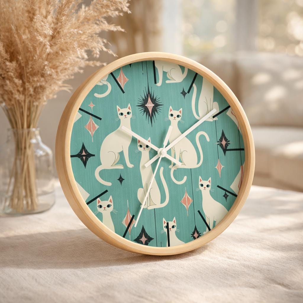 Retro White Cat Wall Clock | Mid Century Modern Animal Kitchen Decor