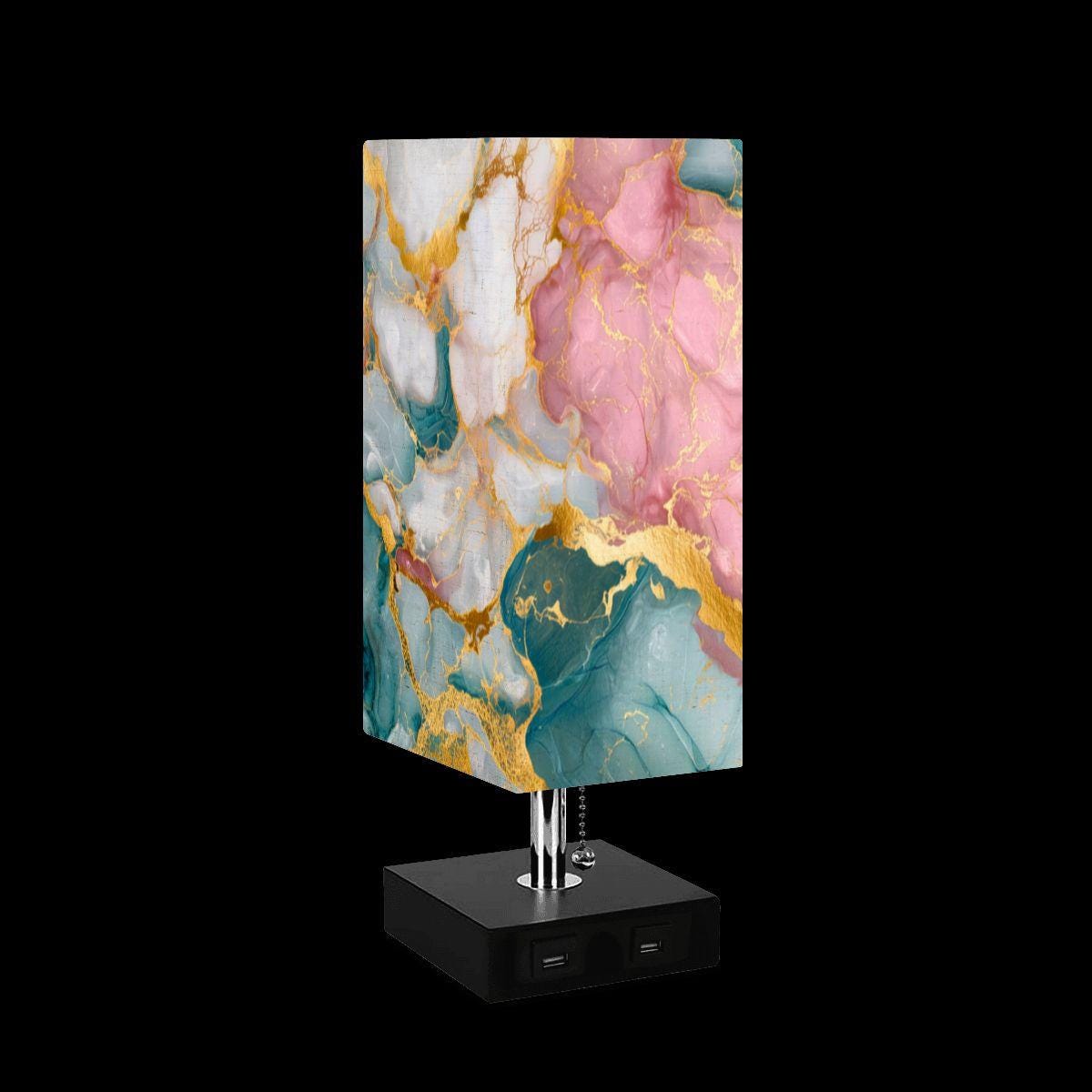 Square Marbled Table Lamp – Modern Bedside Lighting with USB Ports