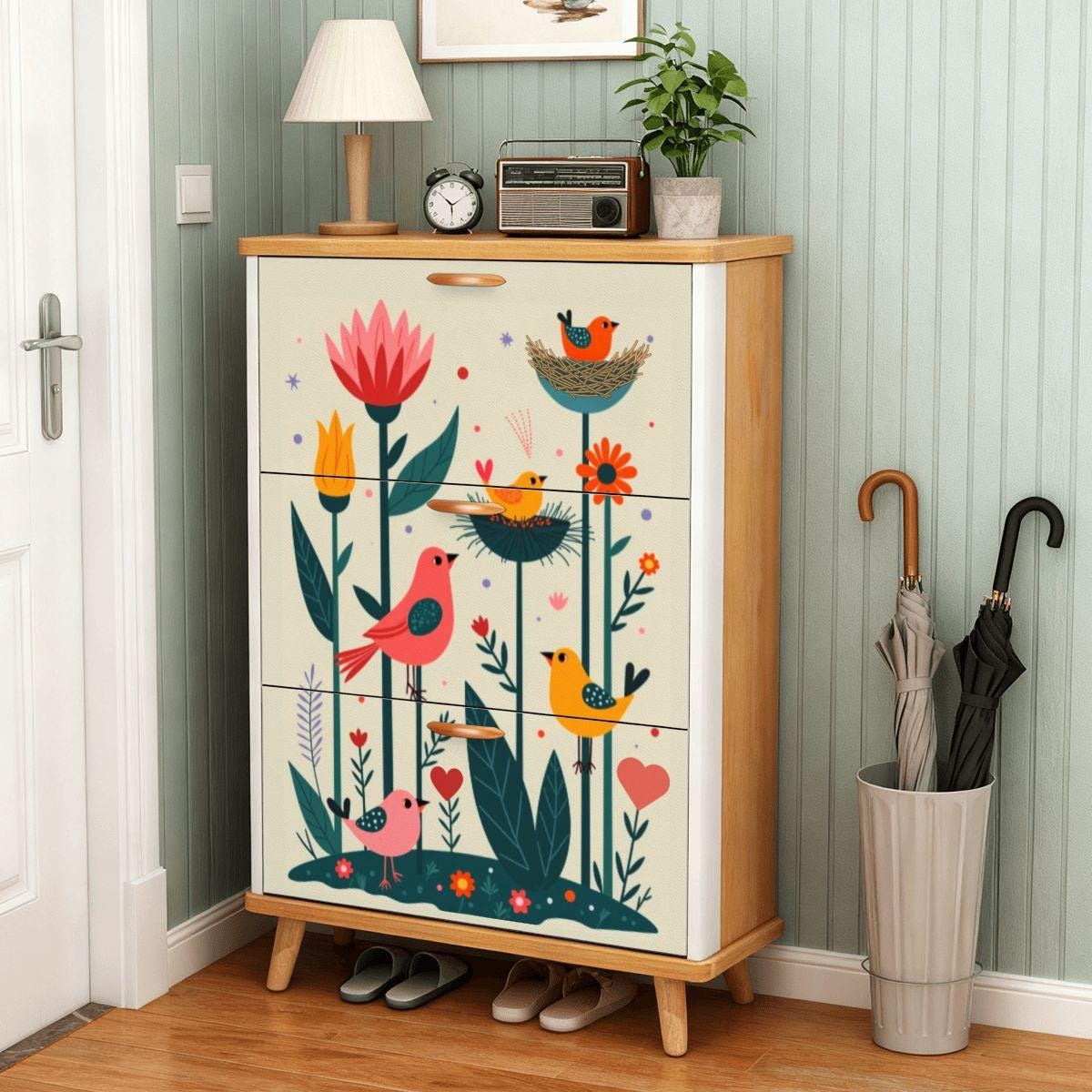 Folk Art Inspired Shoe Cabinet Storage Organizer Entryway Furniture Rustic Decorative Rack
