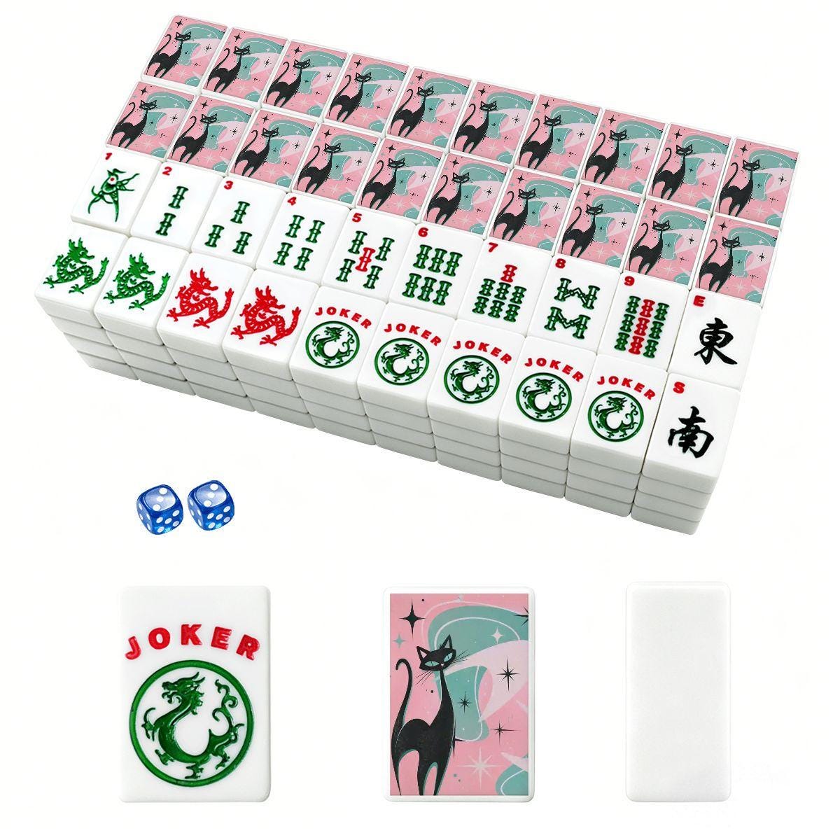 Pink Retro Cat Mahjong Tile Set, Acrylic Tabletop Game Accessories