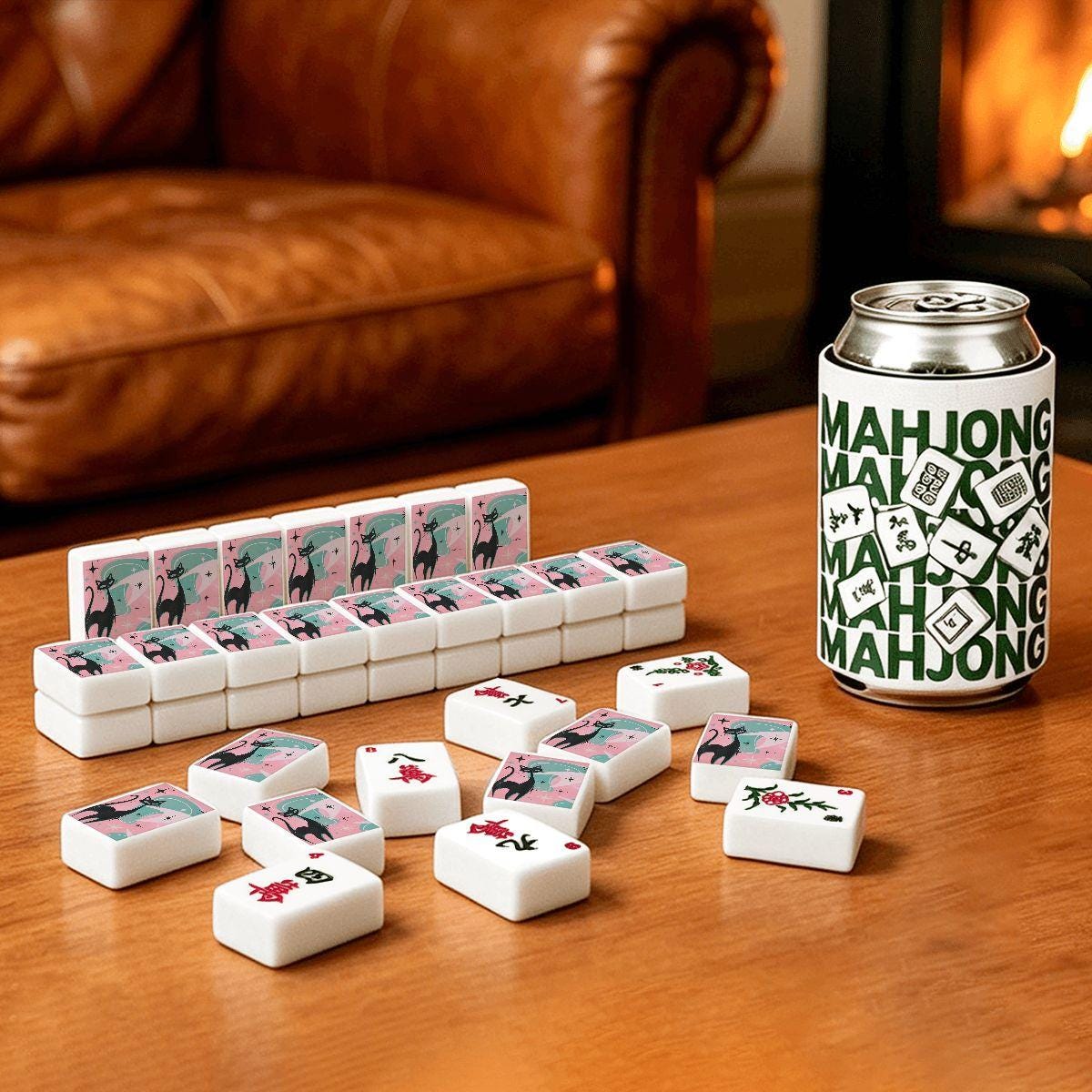 Pink Retro Cat Mahjong Tile Set, Acrylic Tabletop Game Accessories
