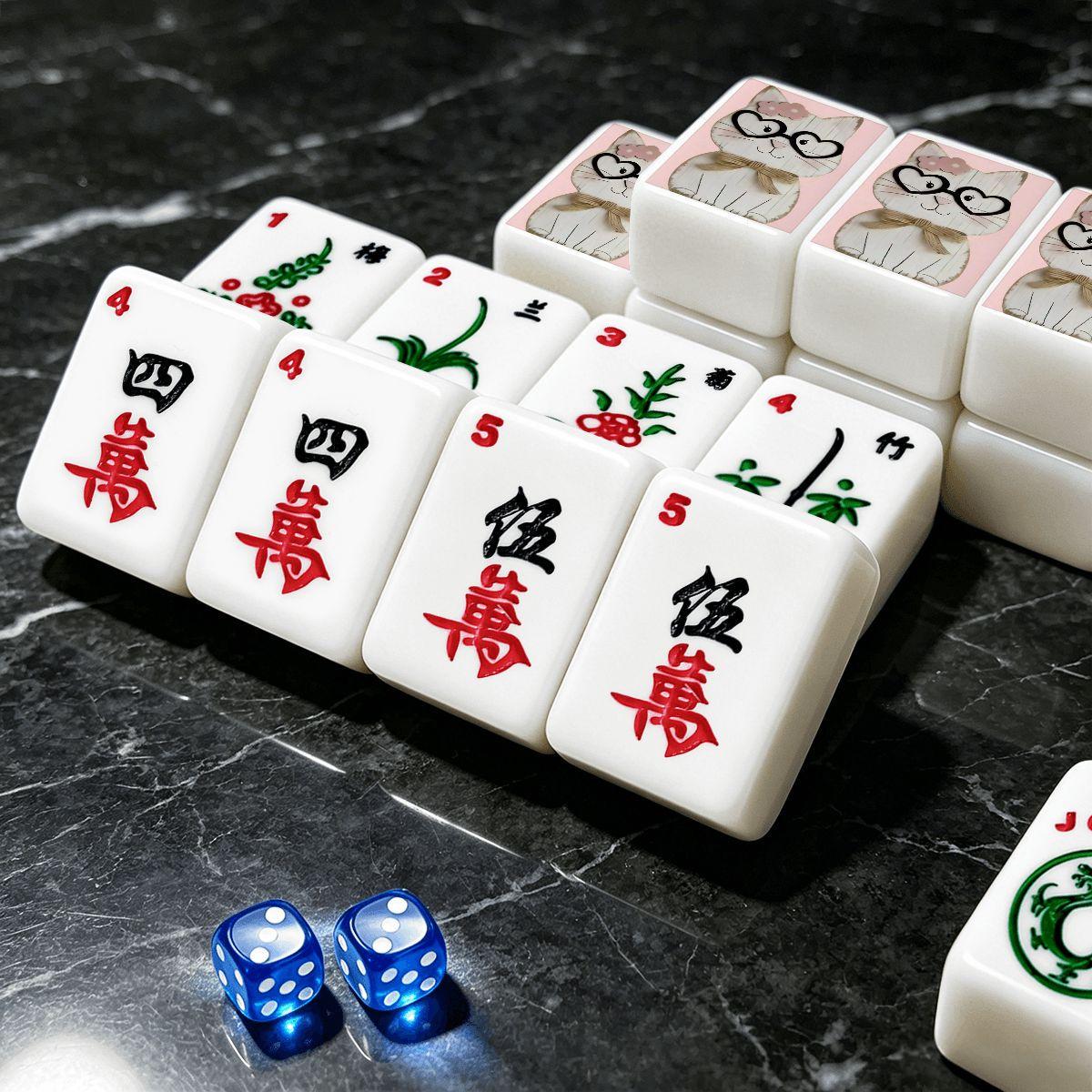 Kitty Mahjong Tiles Set - Feline Strategy Game Collection Traditional Tabletop Gaming Gift