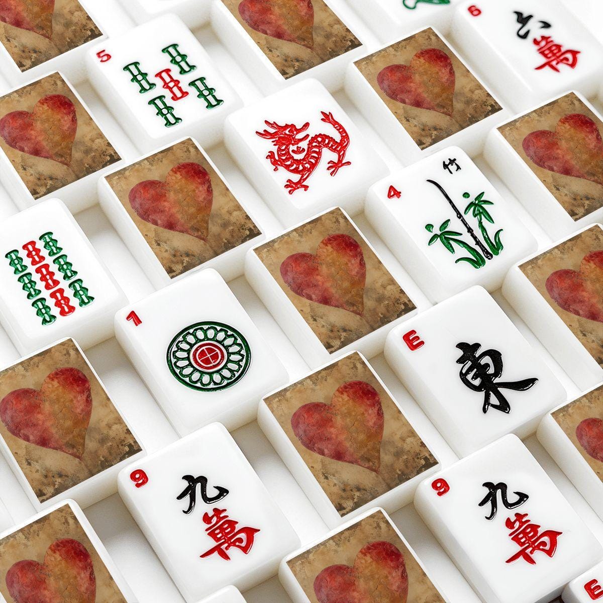 Heart Mahjong Tiles Set, Acrylic Game with Love Symbols, UV Printed