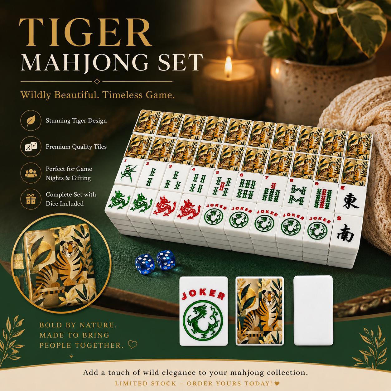 Tiger Mahjong Tiles Set | Acrylic 166-Piece American Game with Jokers, UV Printed