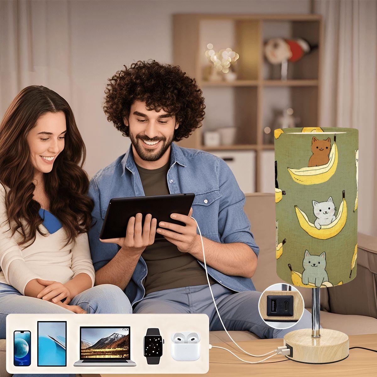 Retro Banana Cats Touch Bedside Table Lamp with USB Charging Port Night Light