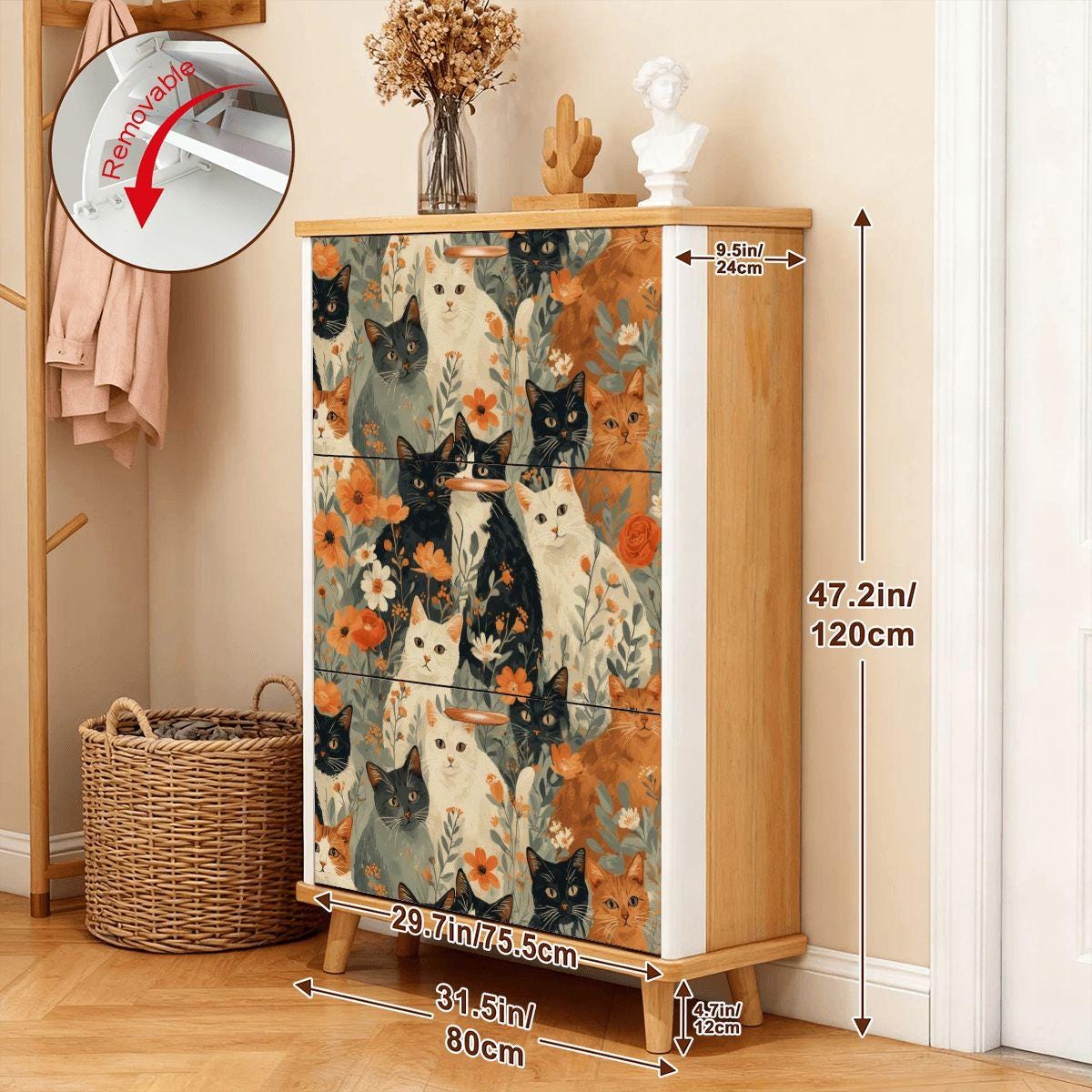 Vintage Cat Shoe Cabinet | MDF Wood Storage Organizer, USA Made