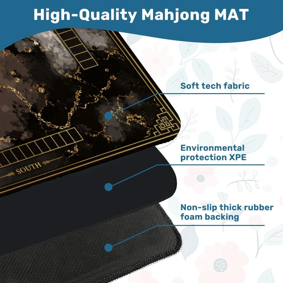 Black Gold Mahjong Mat 31.5"x31.5" Non-Slip Game Table Cover