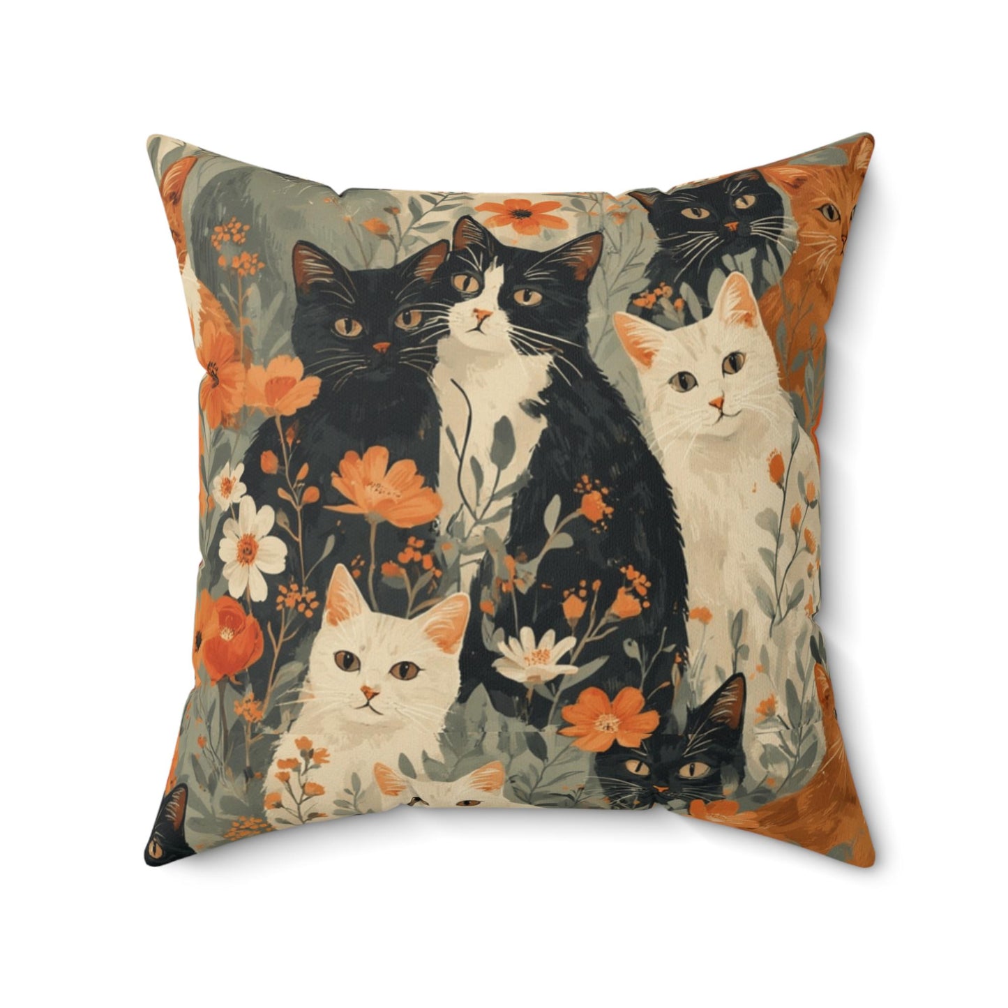 Vintage Floral Cats Faux Suede Square Pillow | Orange Black White Cat Illustration